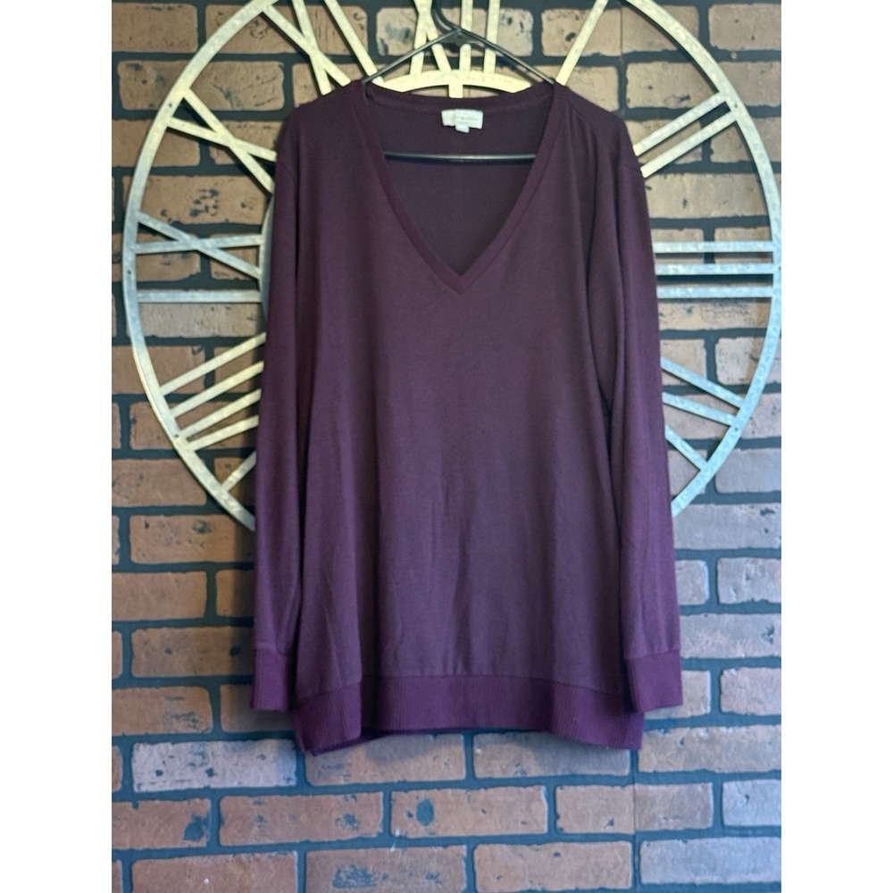 Women's Lucky Brand Maroon Burgundy V-Neck Side Slit Sweater Size XL